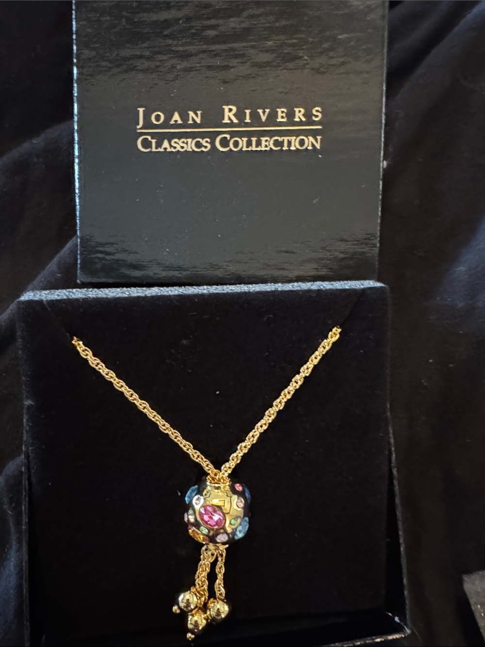 Vintage Joan Rivers Gold-Tone Pendant Necklace with Pink, Blue & Green Accents